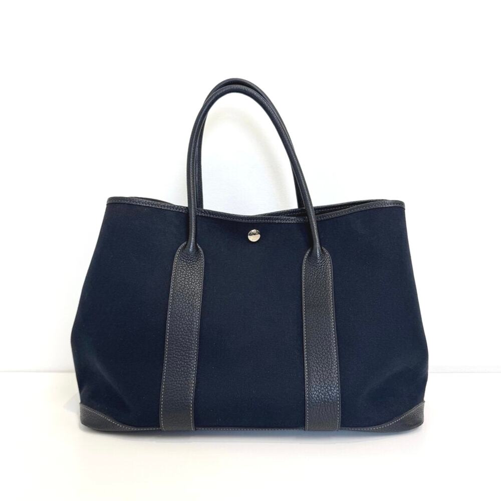 HERMES Black Noir Canvas Garden Party Tote MM Negonda Leather Handbag Silver 36